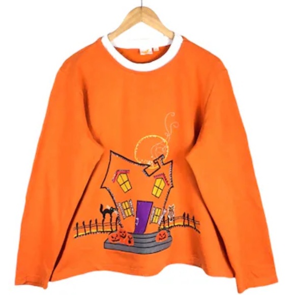 Spirit Sweaters - •HALLOWEEN SHOP•NWOT HAUNTED HOUSE EMBROIDERED & SEQUINS TOP SIZE LARGE (12-14)